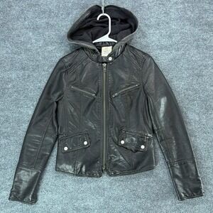 We The Free Free People Black Vegan Leather Hooded Moto Jacket XS Streetwear